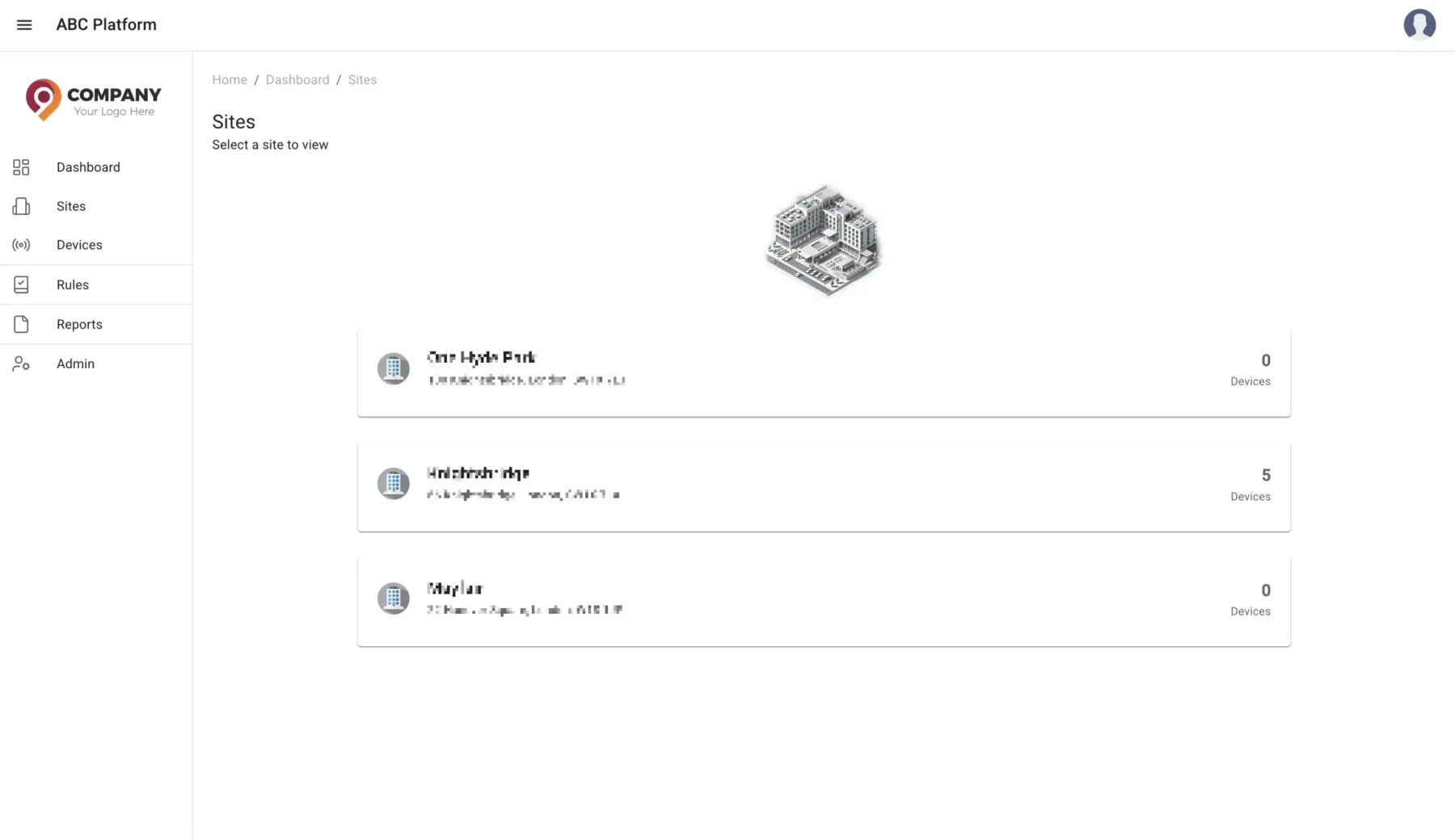 An image showing an example of the RTM 360 temperature monitoring dashboard, sites page